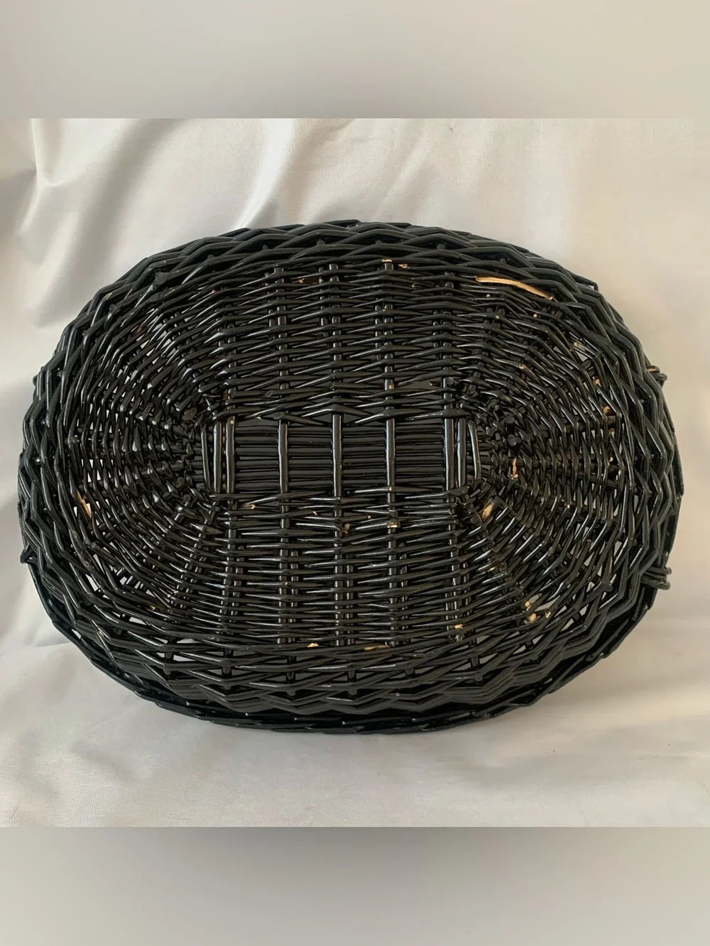 Vintage Wicker Basket Black Oval Woven Handled Storage Tray Cottagecore Farmhous
